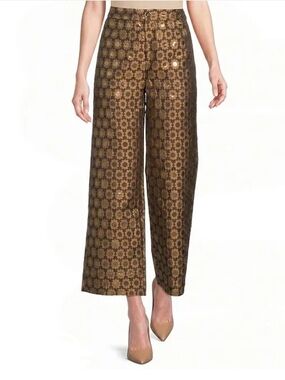 NWT Buru Womens Metallic Brocade Wide-Leg Ankle Length Pants in Gold Brown Sz XS